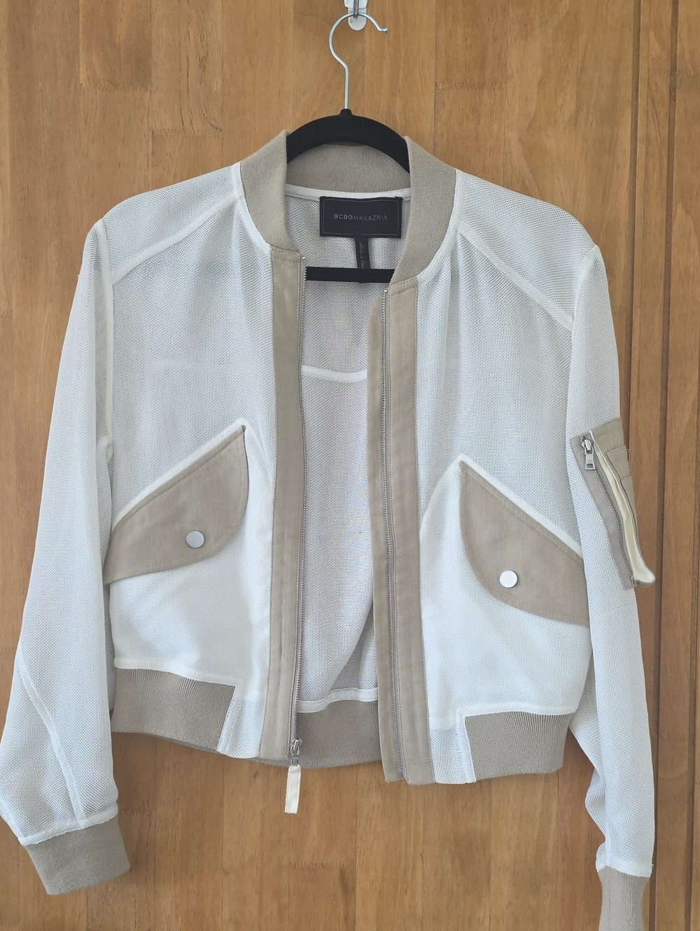 BCBGMaxAzria White and Beige Mesh Bomber Jacket with Trim